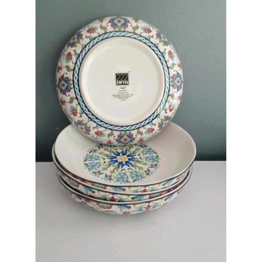 222 Fifth Tunisia Porcelain Floral Blue Shallow Serving Pasta Bowl 9.5